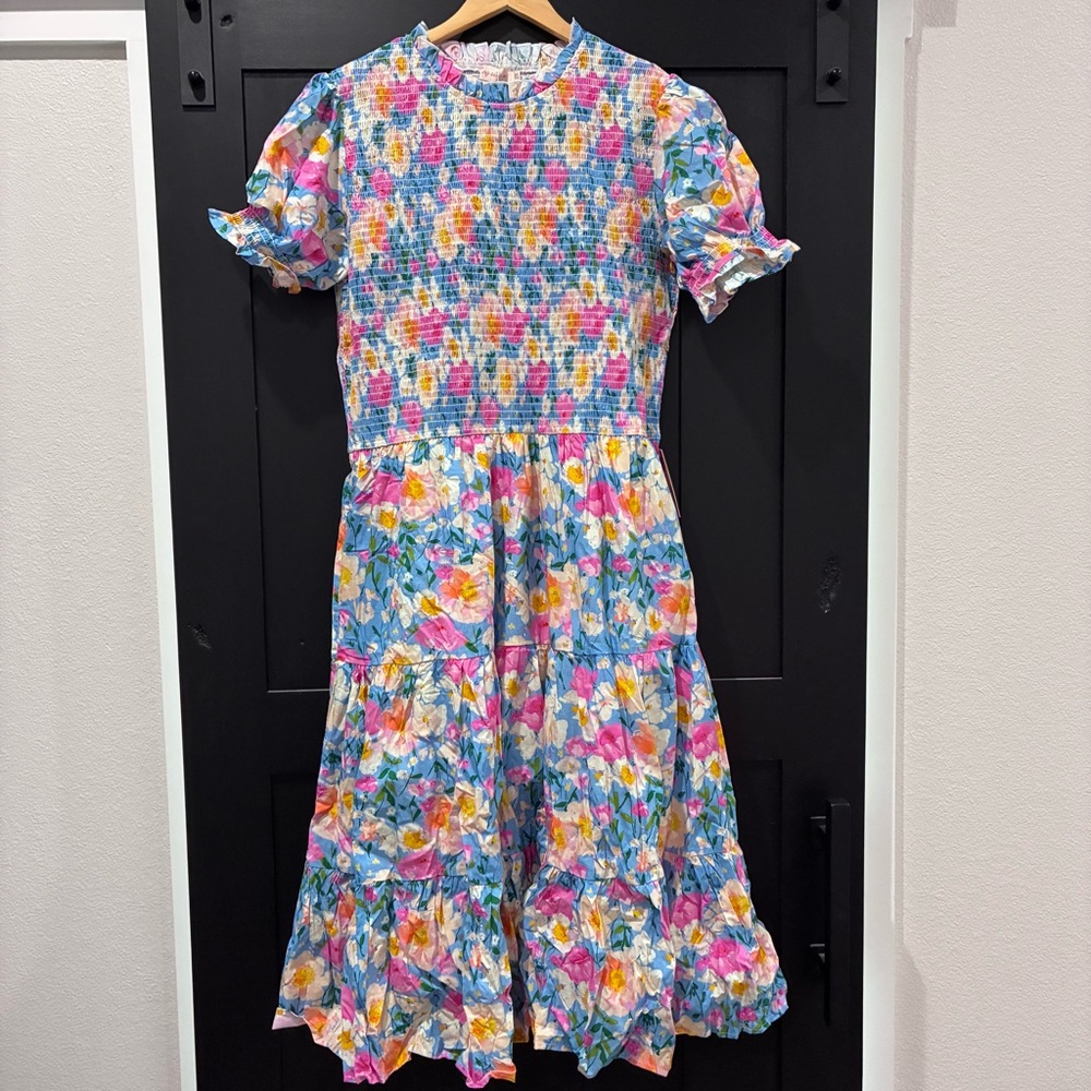 Ivy City Co 2x Delia Smocked Puff-Sleeve Midi Dress in Floral Blue NWT Feminine - Picture 4 of 12